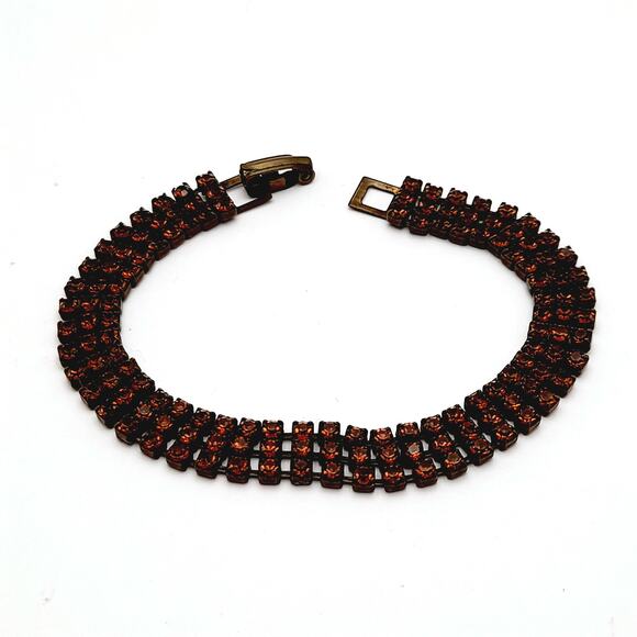 Vintage Topaz Rhinestone 6 3/4 Inch Bronze Tone Bracelet - Picture 3 of 8